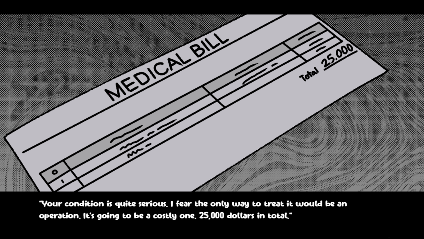 BLOODMONEY Introduction Page - Medical Crisis and Game Setup BLOODMONEY game introduction screen showing the medical emergency and Harvey's booth setup